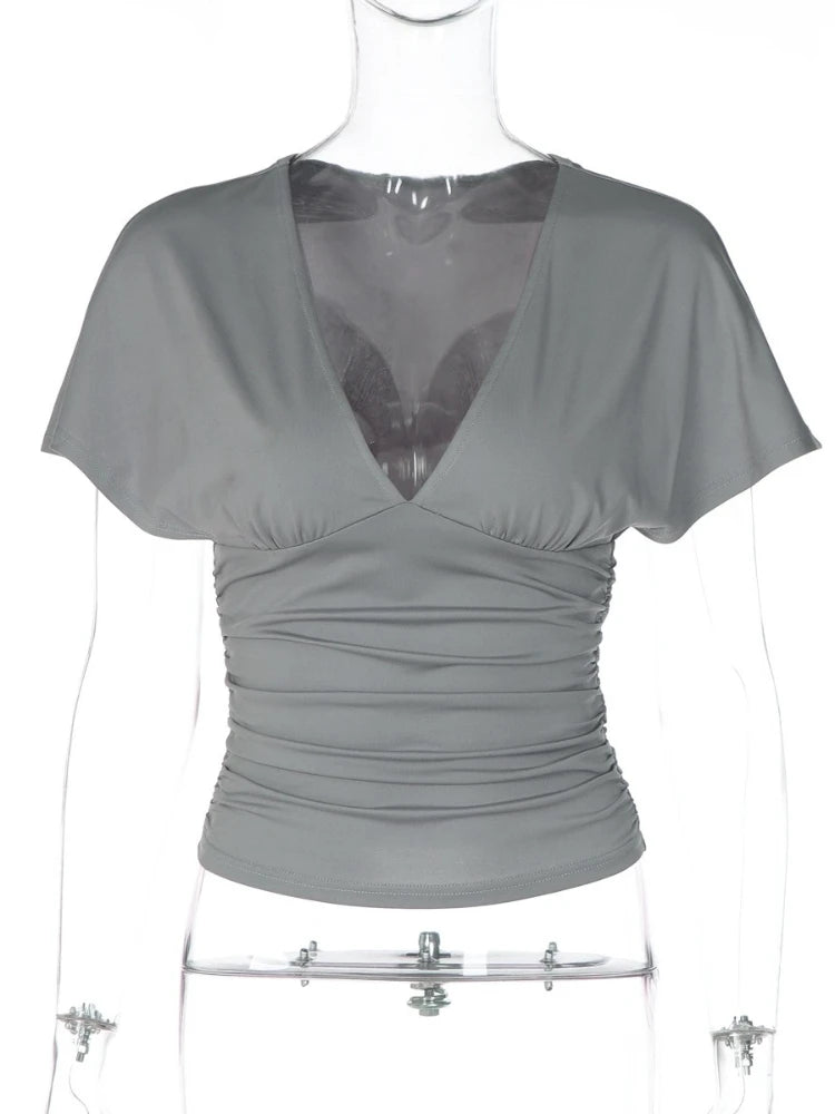 FDYOUI Women's V-neck Ruched Corset T-shirt Casual Sexy Short Sleeve Solid Crop Tops Tees 2026 Summer Female Tunics Slim T-shirt