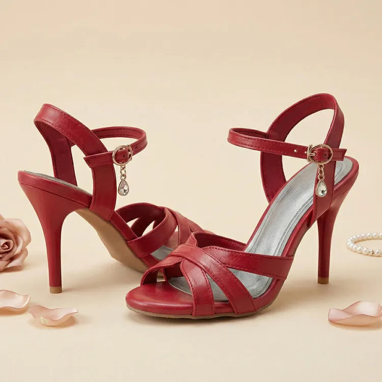 2026 Summer New Women's Metallic High Heel Sandals Ankle Strap Crystal Buckle Stiletto Heels Sexy Party Wedding Prom Dress Shoes