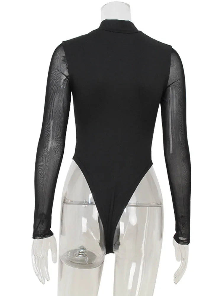 Ahagaga Sexy Mesh Women's Bodysuits See Through Skinny Turtleneck Solid Regular Long Sleeves Slim Fit Streetwear Rompers T Shirt