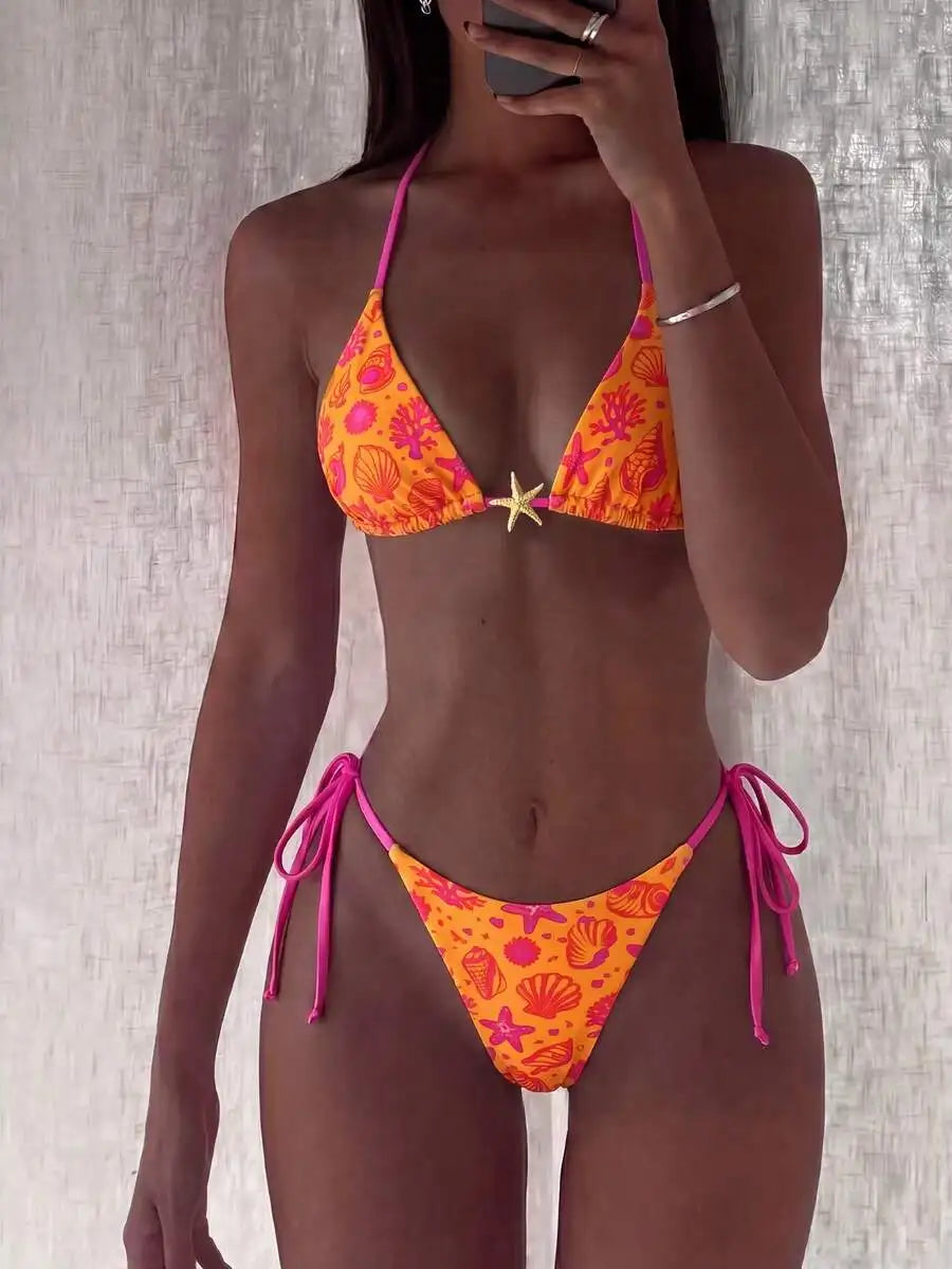 Womens Green Yellow Brazil Print Halter Tie Side Bikini Set For Beach Pool Vacation