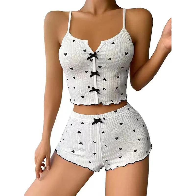 Sleepwear Women Pajamas Set Heart Print Soft Ribbed Fabric with Flirty Frill Trim Casual Top and Shorts Sets Loungewear New
