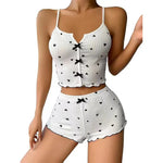 Sleepwear Women Pajamas Set Heart Print Soft Ribbed Fabric with Flirty Frill Trim Casual Top and Shorts Sets Loungewear New
