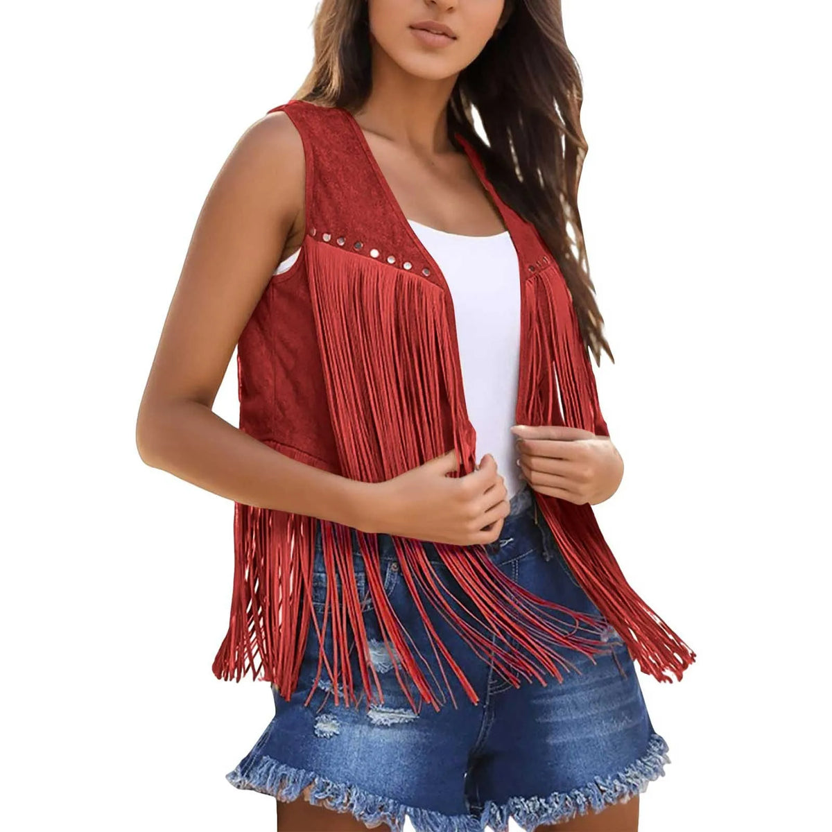 Women Tassel Fringe Vest Sleeveless Solid Waistcoat V Neck Open Front Cardigan Vintage Hippie Clothes Cowboy Cosplay Jacket