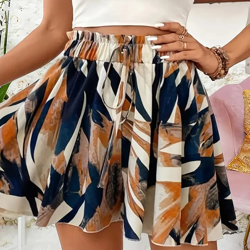 Print Loose Wide Leg Shorts for Women Shorts Summer Casual Elastic Waistband A-Line Shorts Chic Ladies Holiday Beach Shorts