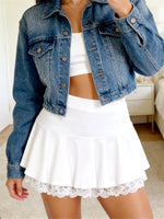 Women's Pleated Mini Skirt Elastic High Waist Lace Ruffle Short Skirts Japanese Lolita Casual Summer Fall Skirt ﻿