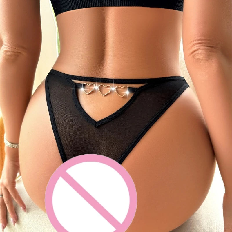 1pcs Low Rise Hollow Out Sexy Women Panties Heart Decor Elegant Black Sexy Lingerie Lady Briefs Fashion Female Underwear