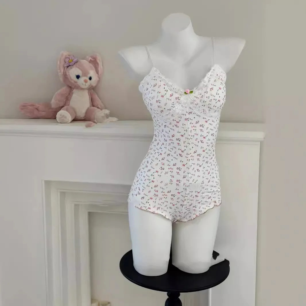 Women SexyFloral Print Bodysuit Lace Trim Sleeveless Slim Fit Leotard Summer Jumpsuit Romper Sexy Underwear Nightwear Lingerie