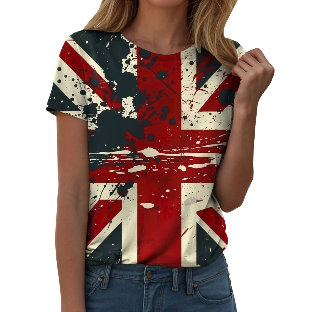 Women's British Flag Print T-Shirt Casual Round Neck Short Sleeve T Shirts Uk United Kingdom Women Vintage Tees Tops Clothing