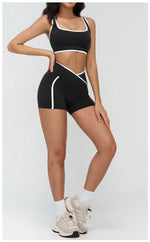 Patchwork Backless Yoga Sets Women Sportswear High Waist Gym Scrunch Bum Shorts Set Female Fitness Sports Suit Workout Clothes