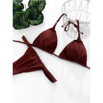 PU Pleated Ruched Bikinis Mini Micro Thong Bikini Women Swimwear Female Swimsuit Two-pieces Bikini Set Halter Bathing Suit Swim
