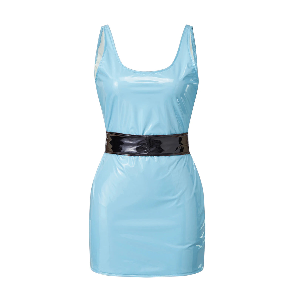 Women's Summer Solid Color PU Leather Slim Fit Dress Fashionable Sleeveless Round Neck Belted Tight Fitting Mini Dresses
