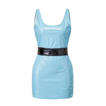 Women's Summer Solid Color PU Leather Slim Fit Dress Fashionable Sleeveless Round Neck Belted Tight Fitting Mini Dresses