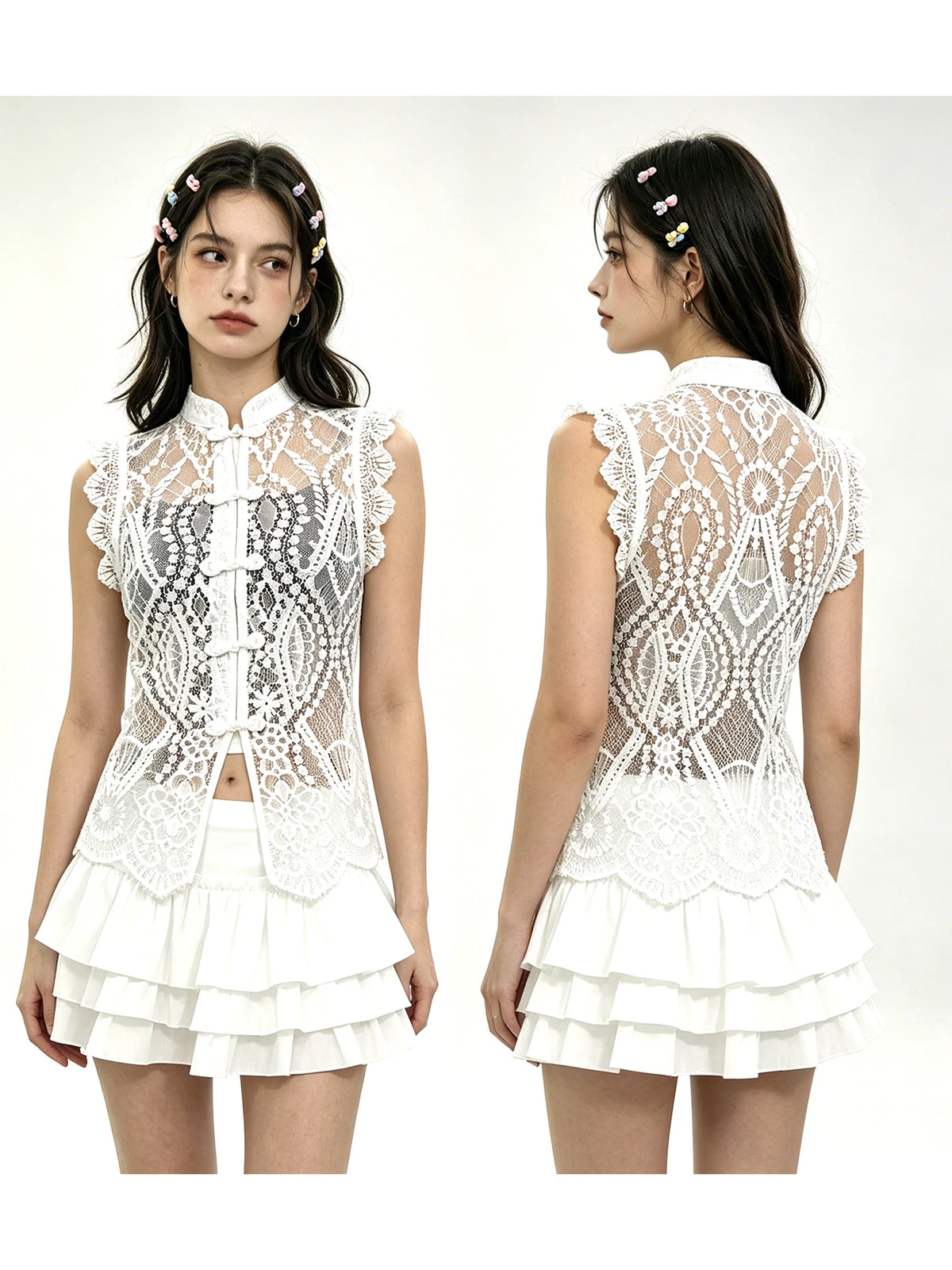 Women's Solid Color Lace Tank Tops Mandarin Collar Sleeveless Frog Buttons Summer Vest