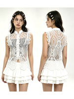 Women's Solid Color Lace Tank Tops Mandarin Collar Sleeveless Frog Buttons Summer Vest