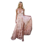 Women's Fashion Flower Print Bead Chain Halter Neck Long Dresses Sexy V-neck Backless Leace-up Slit Dress Lady Party Vestidos