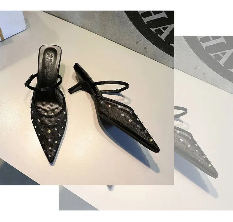 BIGTREE Crystal Mesh Fabric Pointed Toe Slippers Women Sexy Elegant Buckle Strap Party Prom Thin Low Heels Mule Shoes