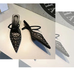 BIGTREE Crystal Mesh Fabric Pointed Toe Slippers Women Sexy Elegant Buckle Strap Party Prom Thin Low Heels Mule Shoes