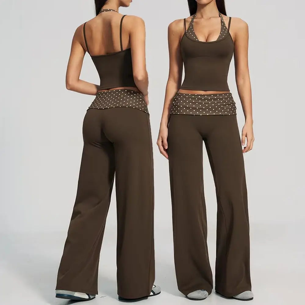 Women's 2 Piece Yoga Set Halter Neck Crop Top Fold Over Waist Wide Legged Flare Trousers Polka Dot Striped Gym Workout Running