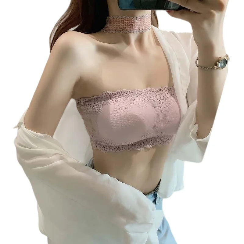 Women Floral Lace Tube Top Wireless Bra Sexy Lingerie Strapless Bralette Solid Color Crop Top Female Padded Bandeau Padded Bra