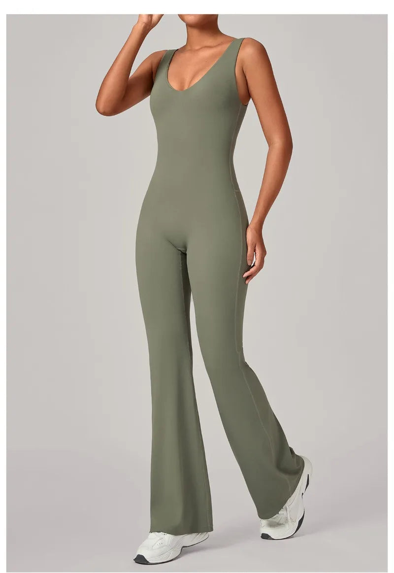 Women's Seamless Yoga Jumpsuits Sports Fitness Sleeveless Hip-lifting Flared One-piece Workout Gym Training Slim Fit Bodysuits
