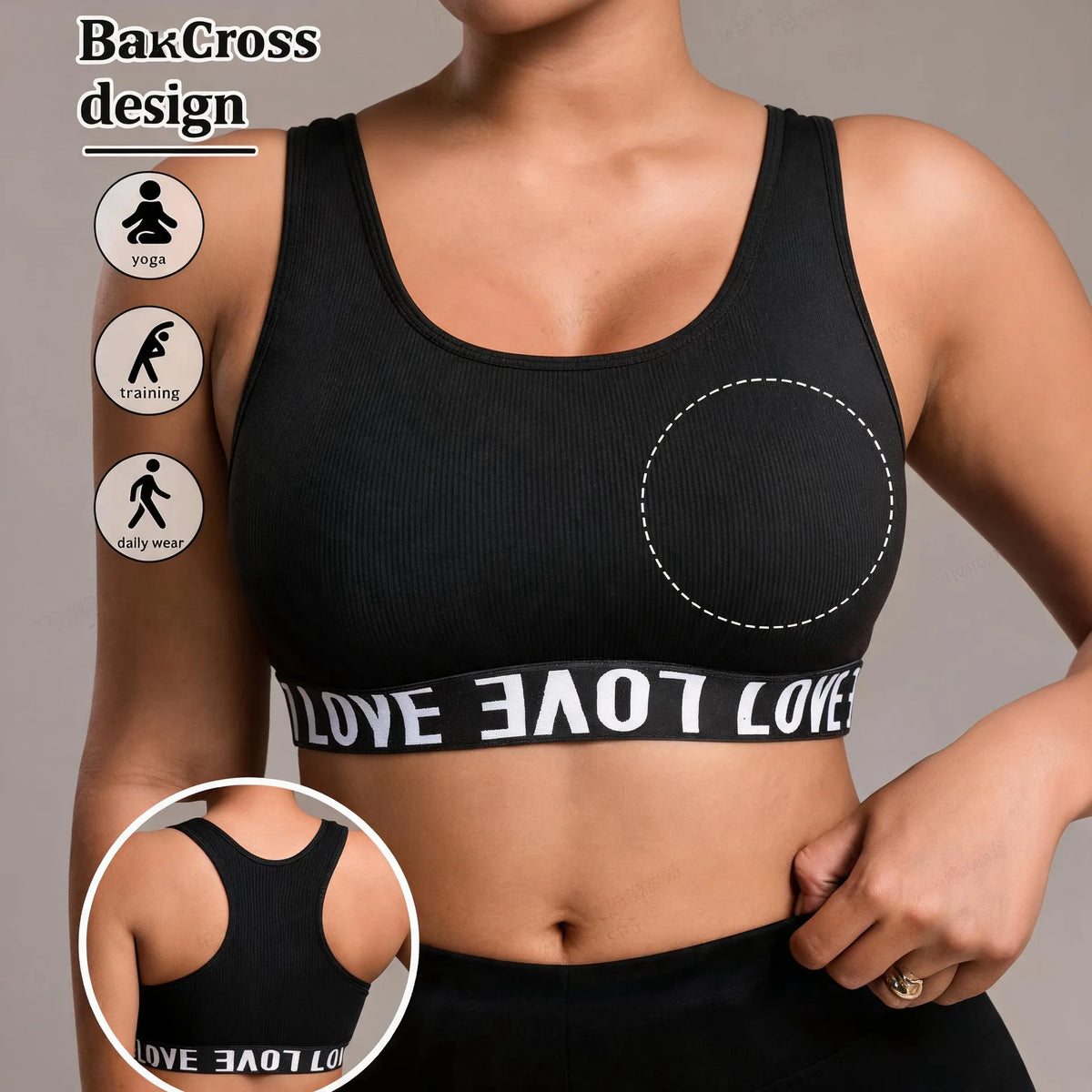 Plus Size Letter Print Racerback Sports Bra Wireless High Support Yoga Workout Crop Top