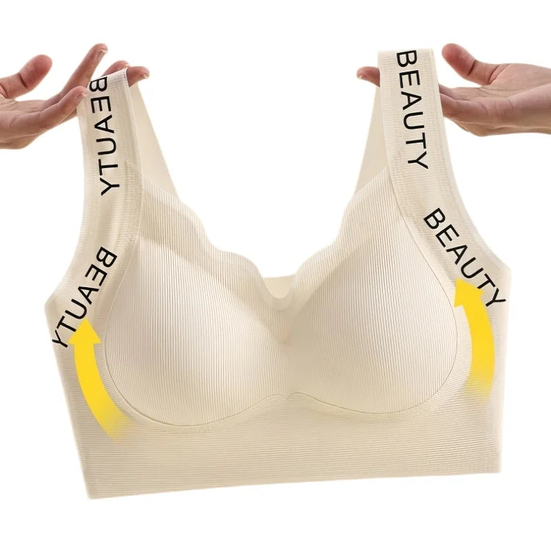 Ribbed Bras Push-Up Wireless Bra Women's Seamless Underwear Plus Size Wave Neckline Wide Strap Support Sexy Lingerie M-3XL