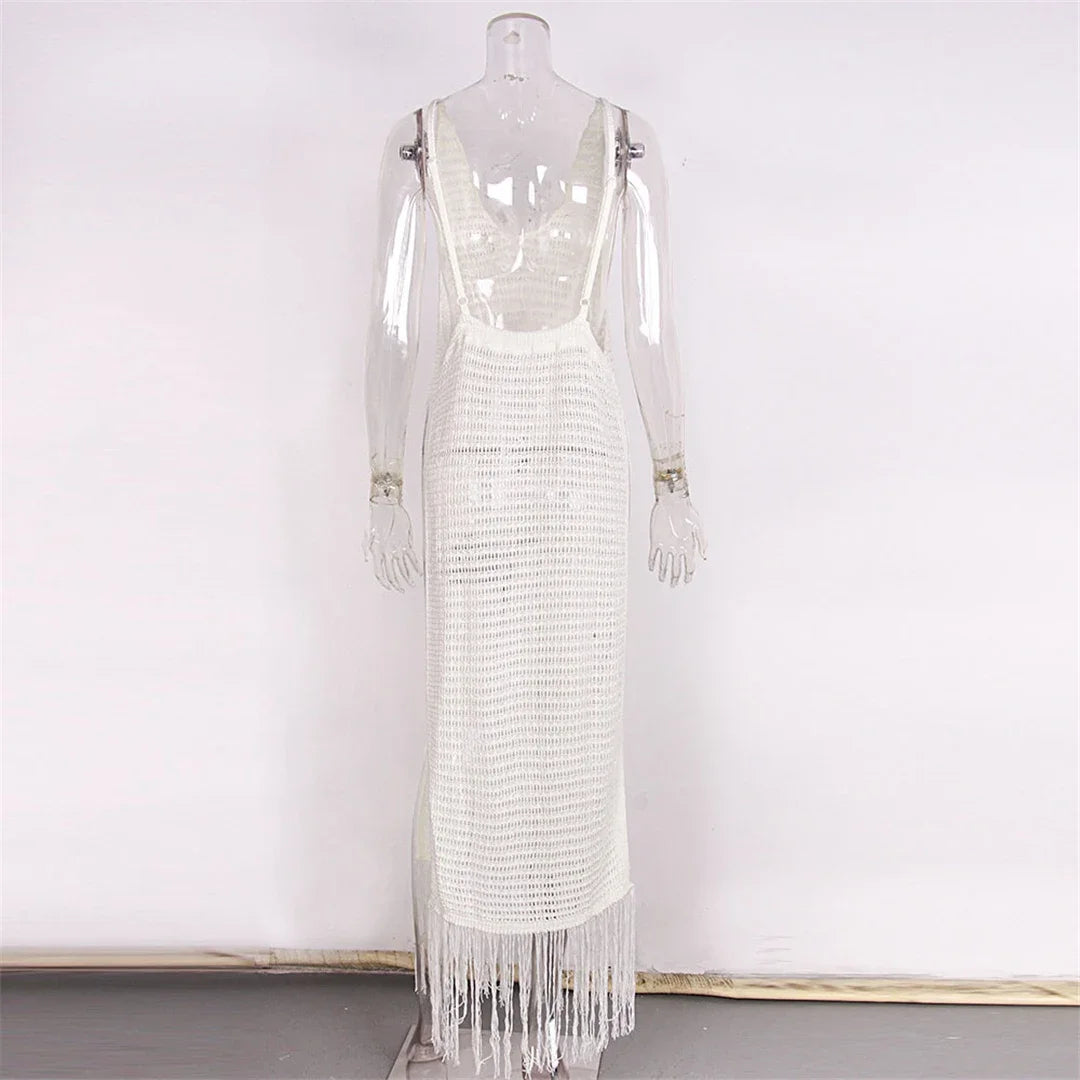 Sexy Fringe Tassel Knitted Crochet Tunic Beach Cover Up Women Long Dresses Cover-ups Beach Dress Beach Wear Beachwear Female