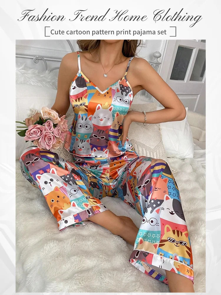 Pajama For Women Home Clothes Summer Satin Sleepwear Pj Set Sexy V Neck Cami Tops with Comfortable Elastic Pants Pyjama 2 Piece
