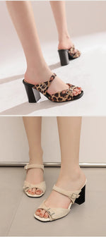 Fashion Leopard Print Square Heel Slippers Summer New Square Toe Metal Buckle Non-slip Wear-resistant Kitten Heel Shoes
