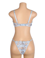 Blue Floral Lace Mesh Bra and Panties Set for Women Push Up Underwire Adjustable Straps Daily Sleepwear Romantic Fancy Lingerie