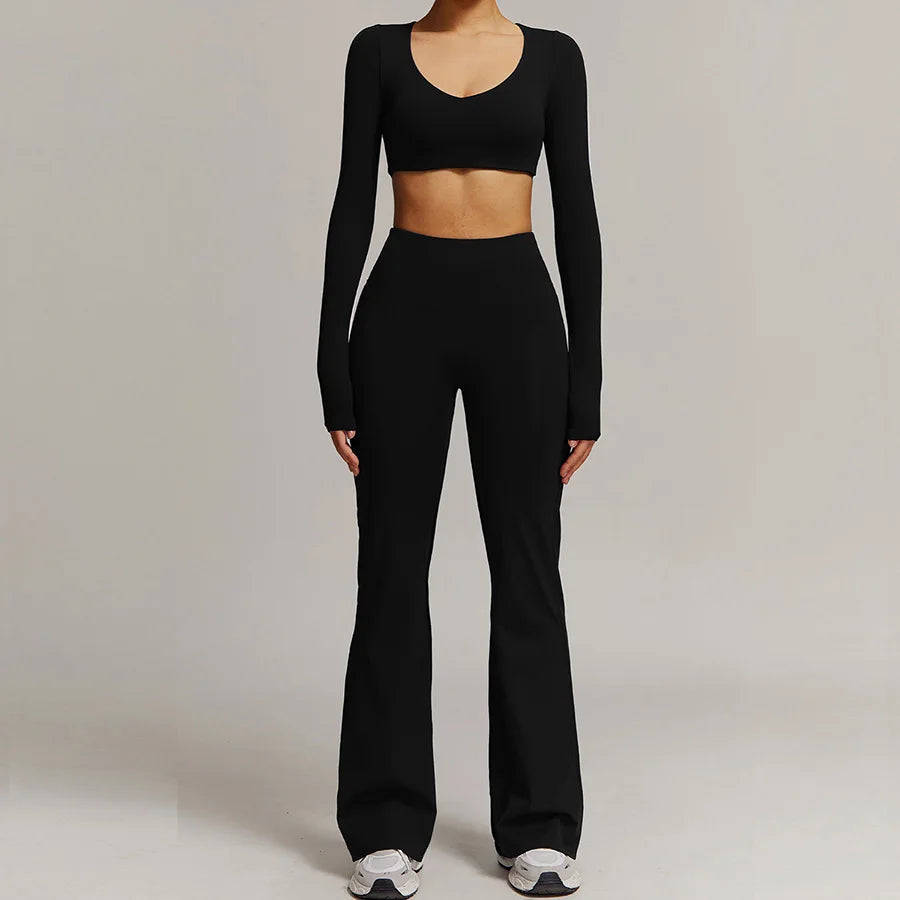 Women 2PCS Yoga Suit Sports Gym Set Tracksuit Workout Long Sleeve Shirt Fitness Flared leggings Short sleeve shorts running suit