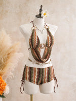 Vintage Blue Striped Knitted Cover Up 3 Piece Bikini Set 2026 Swimwear Women Push Up Bra Drawstring High Waist Shorts Swimsuit