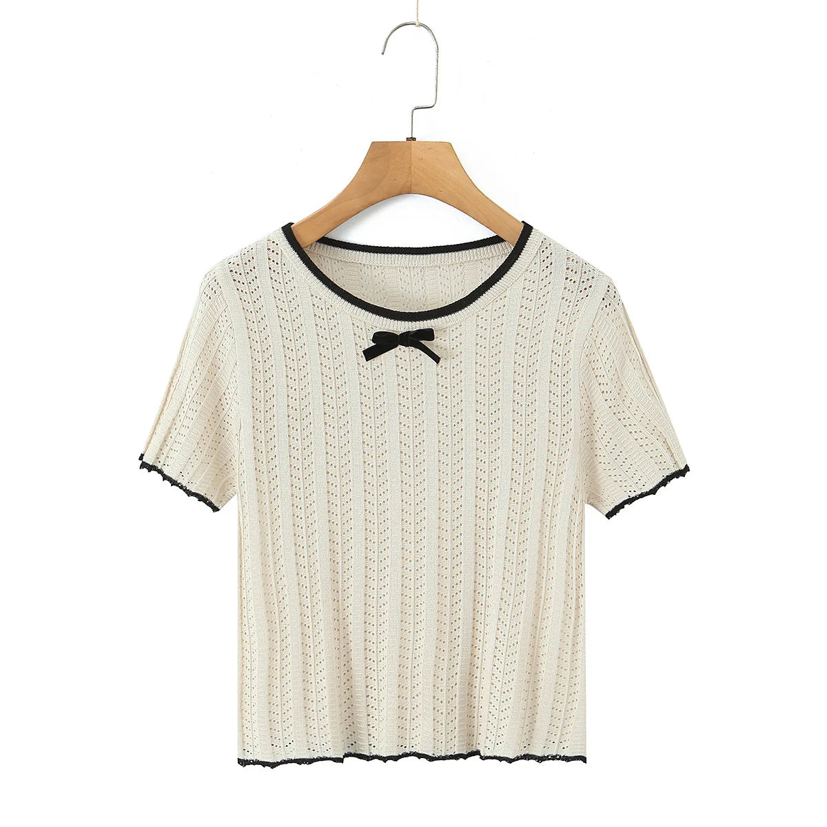 Fashion Casual Knitted Shirt With Black Trim Bow Knit T Shirt Short Sleeve Hollow Out Crew Neck Top For Women Daily Outfit EMZE