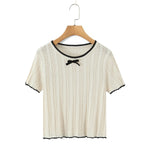 Fashion Casual Knitted Shirt With Black Trim Bow Knit T Shirt Short Sleeve Hollow Out Crew Neck Top For Women Daily Outfit EMZE