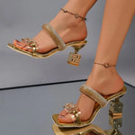 Special-shaped Heel Sandals Summer New Square Head Shallow Mouth Crystal with Set Foot Non-slip High-heeled Slippers