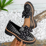 Women Polka‑Dot Bow Platform Loafers Round‑Toe Slip‑On Lug‑Sole PU Leather Contrast Stitching Vintage Casual Daily Shoes