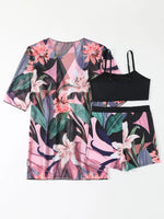 3 Pieces High Waist Bikinis 2026 Women Printed Swimwear Female Bandeau Swimsuit With Kimono Bathers Swimming Bathing Swim Suit
