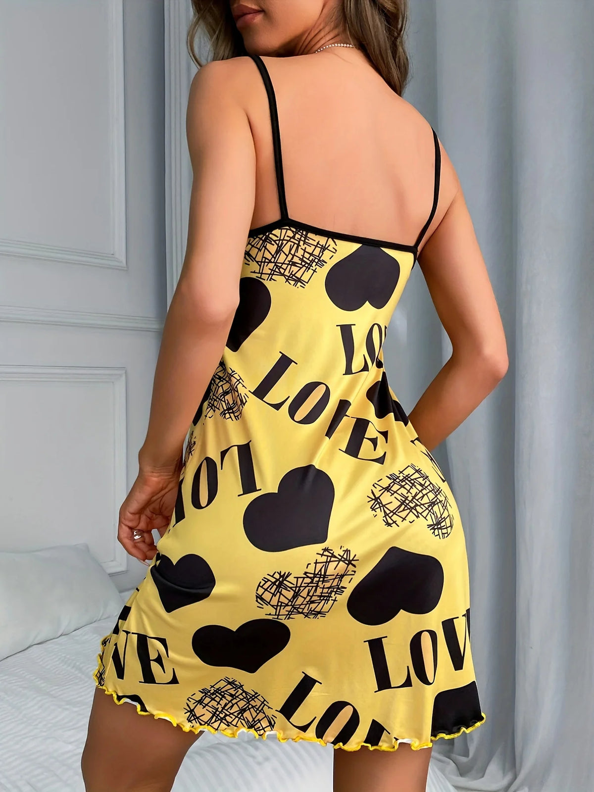 Women Summer Camisole Nightgown Backless Heart LOVE Print Soft Breathable Sleepwear Ruffle Hem Round Neck Night Dress