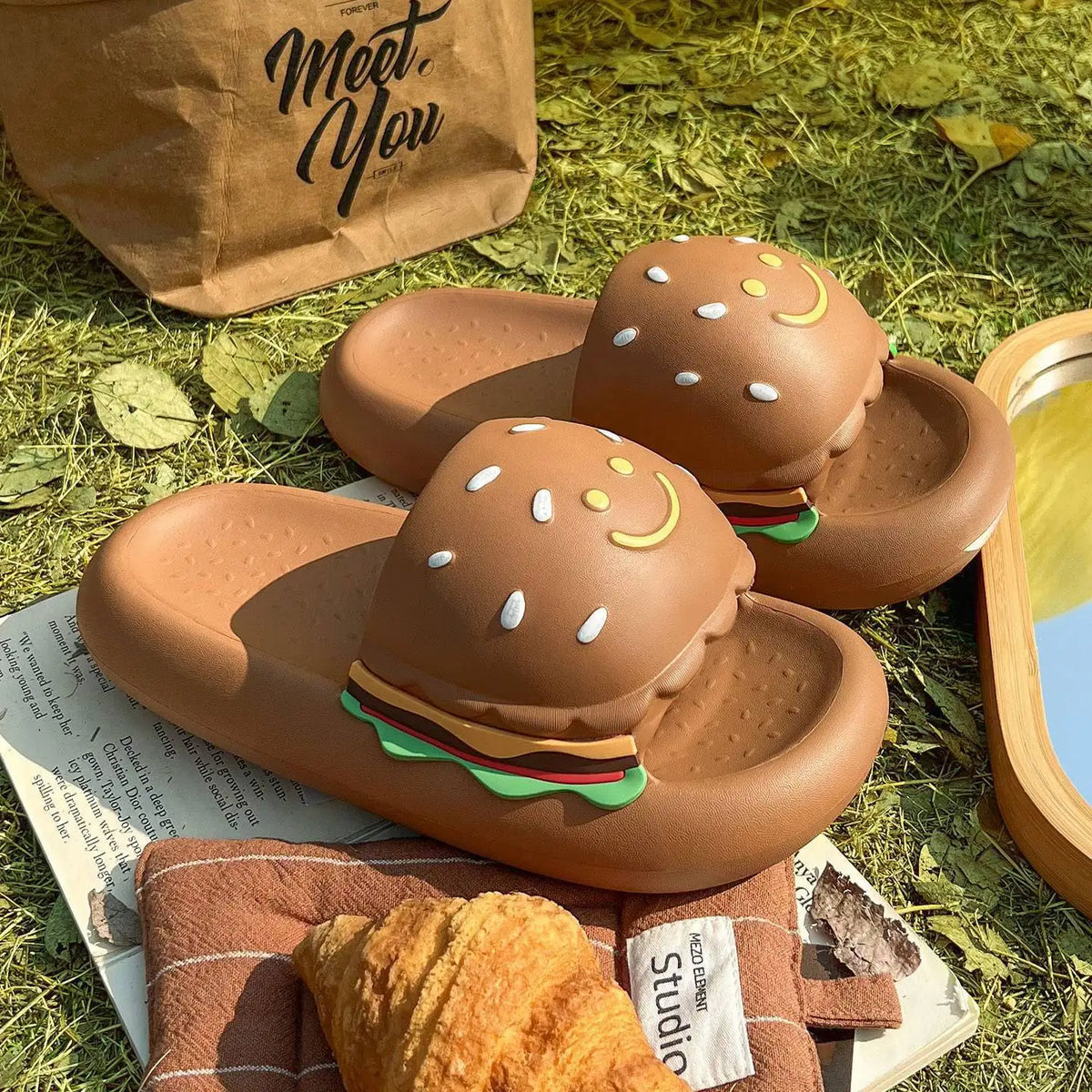 CartoonCutesy3D Sesame Burger Slippers for Women, Summer Outdoor & Home Wear, Anti-Slip Thick Soles, Flat Back Slides,Flip Flops