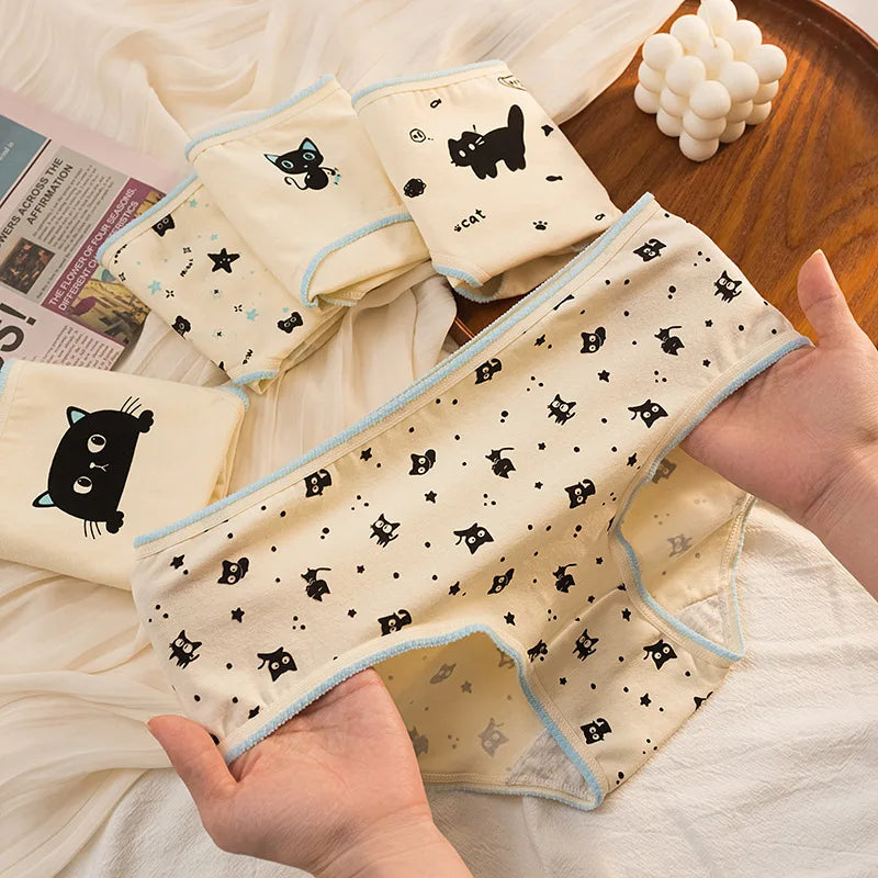 5Pcs/Set Women's Cotton Briefs Cute Black Cat Print Underwear Soft Breathable Underpants Mid-Waist Panties For Female Lingerie