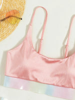 Shiny Pink Contrast Bikini Set Women Halter Push Up Patchwork High Waist Swimsuit 2025 Designer Bathing Suit Two Piece Swimwear