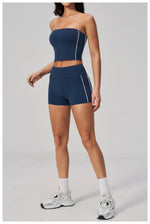 Summer Tight Yoga Suit Women Color Contrast Strapless Slim Sports Tank Top Shorts Fitness Suit Gym Running Workout Tracksuit