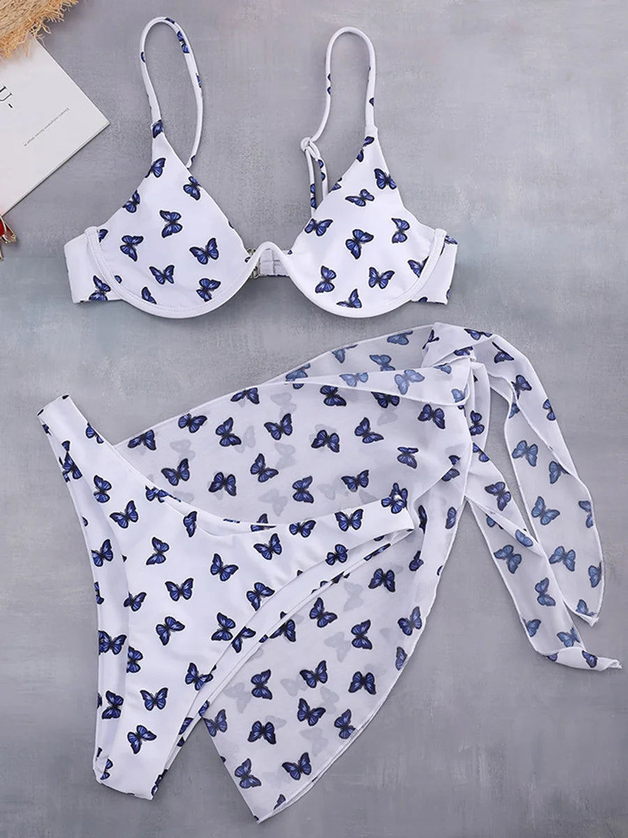 Marble Print V-Bar Underwired Bikini Women Swimsuit Female Swimwear Three-pieces Bikini Set Push Up Bathing Suit Beach Sarong