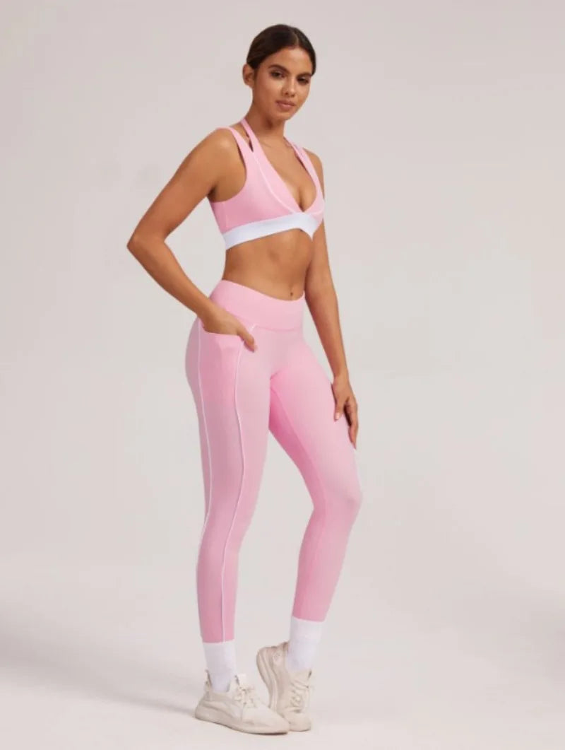 Women's Yoga Sets Sports Fitness V-Neck Halter Sports Bra Color-Block Hip-lifting Pants Suits Running Training Workout Gym Sets