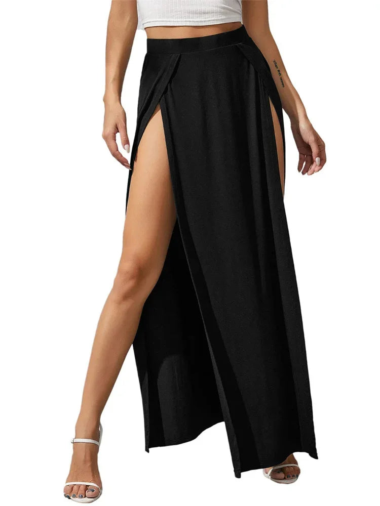 Women's Elastic High Waist Skirts Solid Color Side High Split Loose FitLong Skirts Beachwear