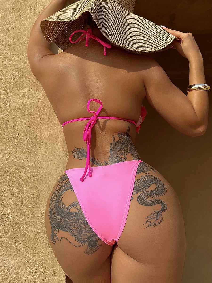 Sexy Halter 3D Flowers Bikini Women Swimwear Female Swimsuit Two-pieces Bikini Set High Cut Bathing Suit Swim Lady Beach Wear