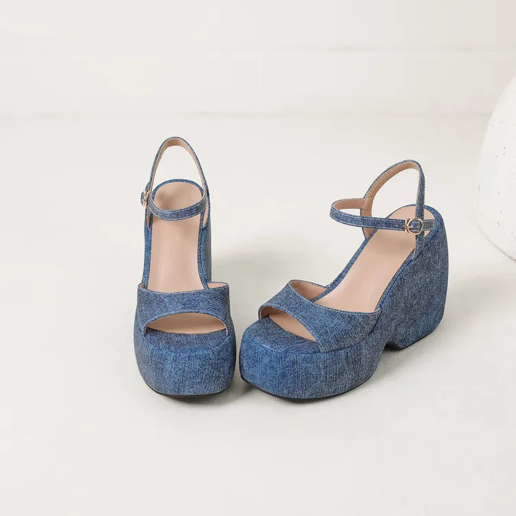 2025 New Summer Women High Heel Shoes Platform Square High Heel Ladies Sandals PU Leather Open Toe Buckle Dress Women Shoes
