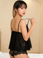 Women's Sexy Lingerie Set, 2-Piece Sexy Nightgown Set, Black Lace Camisole Vest with Hollowed-Out Breathable Mesh Nightgown Nigh