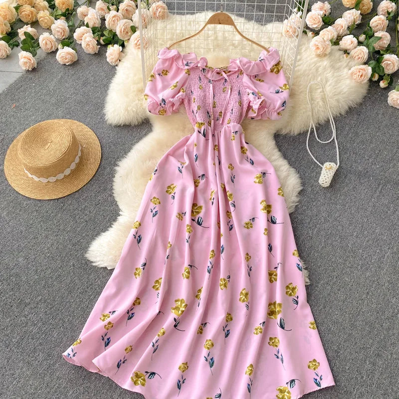 2025 Summer French Vintage Floral Dress Fashion Elegant High-Waisted Drawstring Vestidos Printed Fresh And Sweet Long Dresses