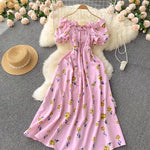 2025 Summer French Vintage Floral Dress Fashion Elegant High-Waisted Drawstring Vestidos Printed Fresh And Sweet Long Dresses